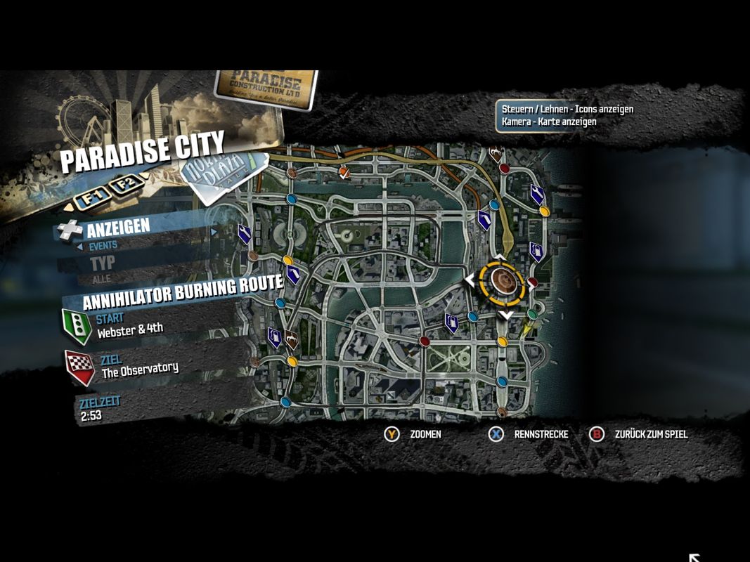 Burnout: Paradise - The Ultimate Box (Windows) screenshot: A small part of the game map with all points of interest.