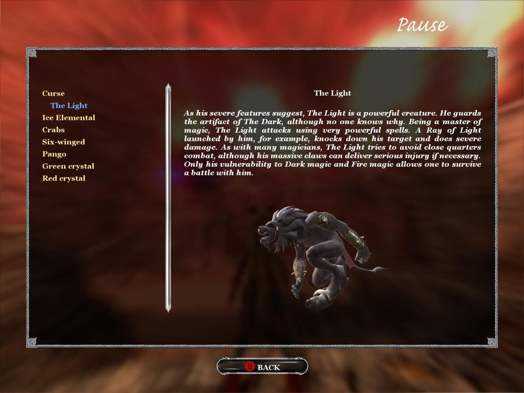 X-Blades (Windows) screenshot: The Bestiary has detailed information about every monster.