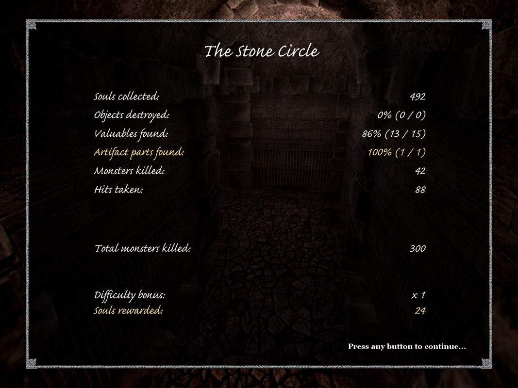 X-Blades (Windows) screenshot: The end of level statistics