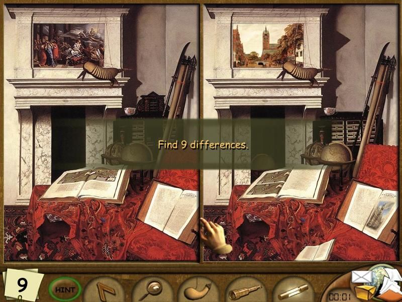 Art Detective (Windows) screenshot: Find the nine differences between the two paintings.