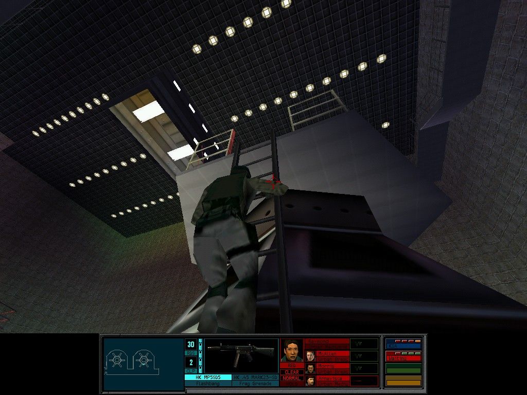 Tom Clancy's Rainbow Six (Windows) screenshot: Climbing up a ladder.