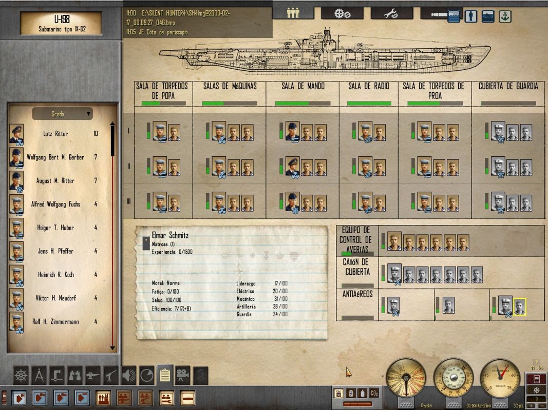 Silent Hunter 4: Wolves of the Pacific - U-Boat Missions (Windows) screenshot: Crew control Sheet