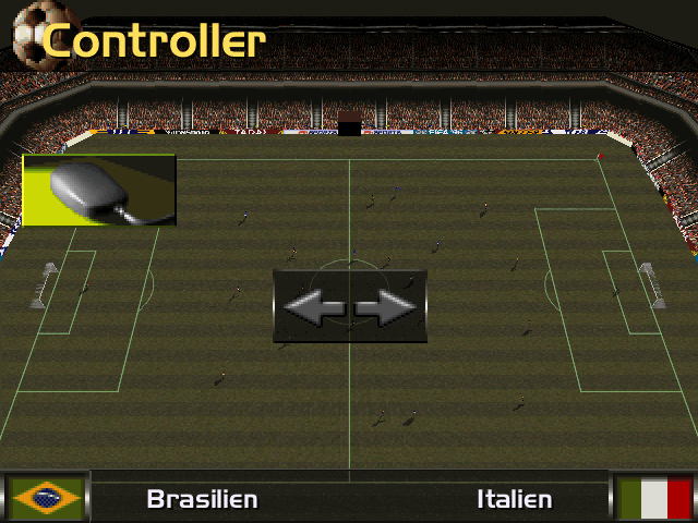 FIFA Soccer 96 (DOS) screenshot: In-game controller selection: move each controller in the direction of the desired team