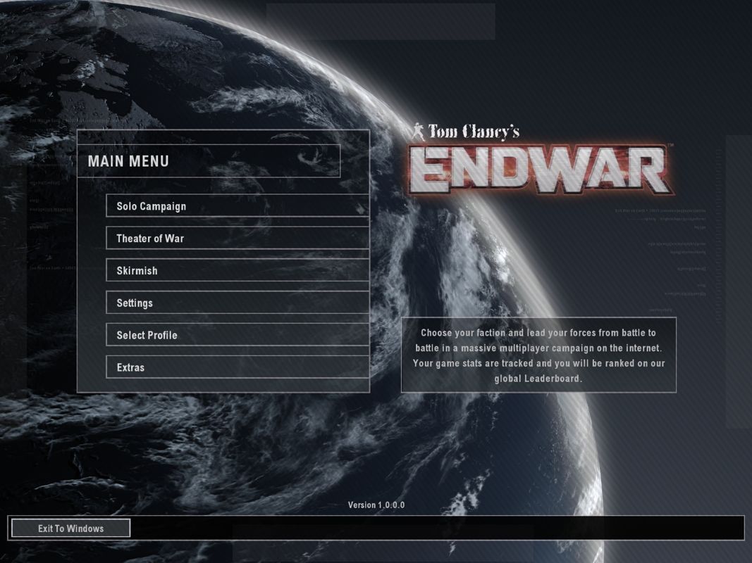 Tom Clancy's EndWar (Windows) screenshot: Main Menu