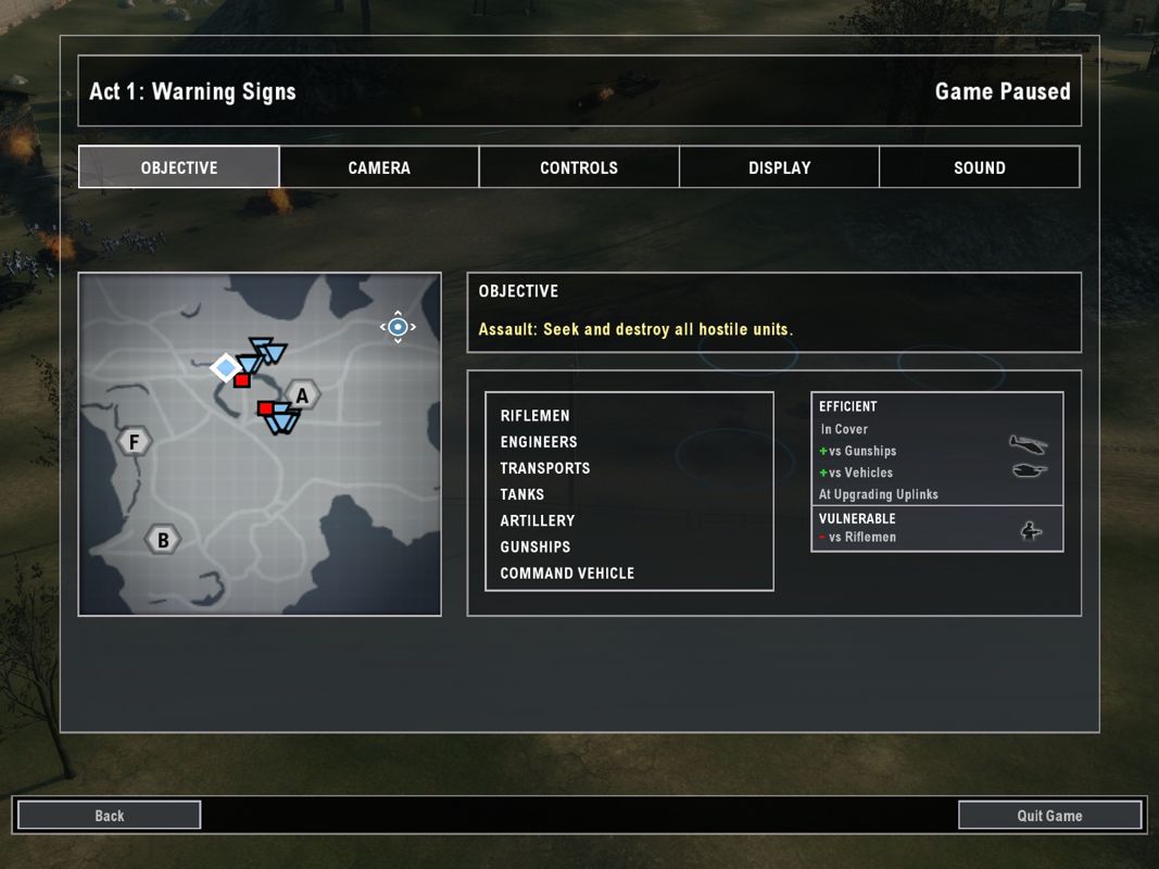 Tom Clancy's EndWar (Windows) screenshot: The pause menu shows the current map and also let's you see what units are effective against what other units.