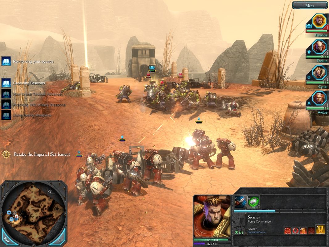 Warhammer 40,000: Dawn of War II (Windows) screenshot: Attacking a squad of orcs while behind cover.