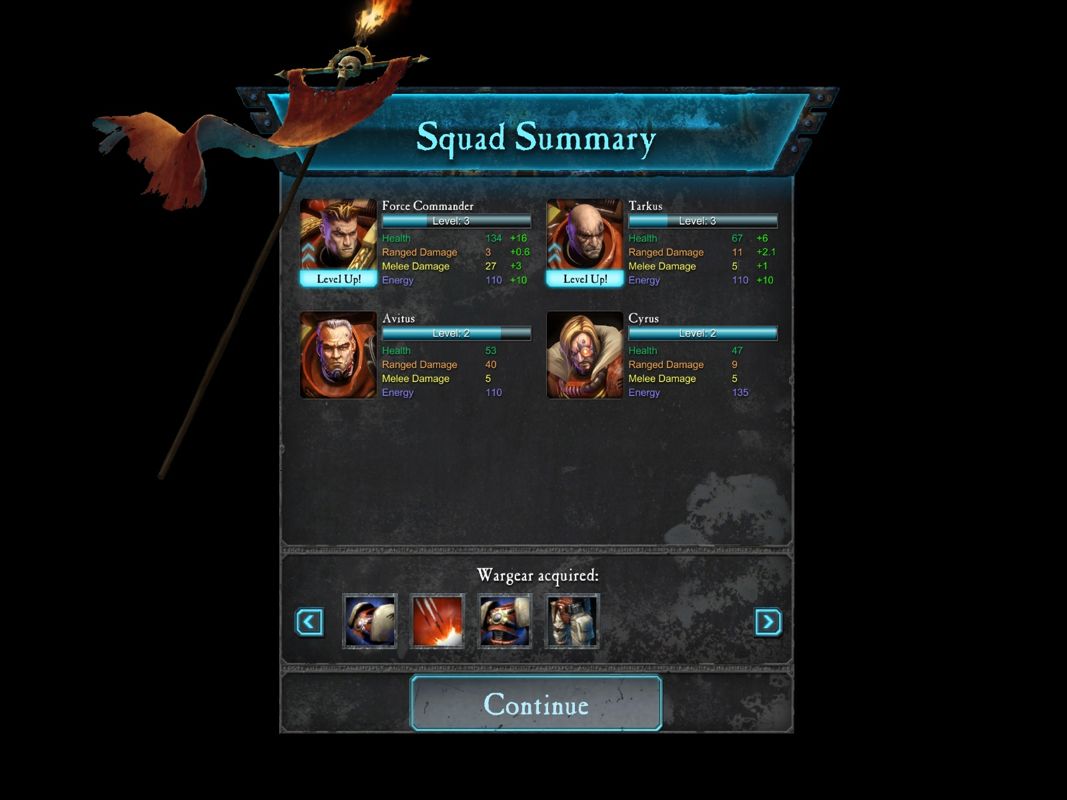 Warhammer 40,000: Dawn of War II (Windows) screenshot: The squad summary shows how much experience your heros gained in the last mission and what war gear they collected