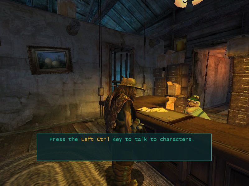Oddworld: Stranger's Wrath (Windows) screenshot: talking with humanoid bird. Jep, this is oddworld.