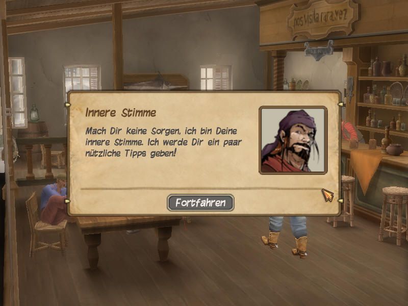 Swashbucklers: Blue vs. Grey (Windows) screenshot: Abraham's "inner self" acts as a tutor.