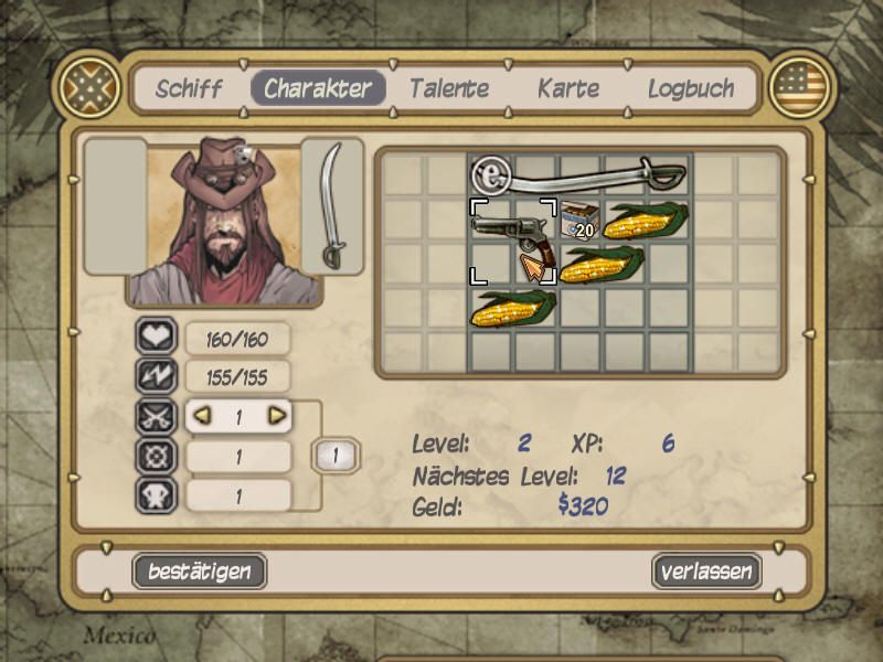 Swashbucklers: Blue vs. Grey (Windows) screenshot: Stats and an inventory, or, the RPG part