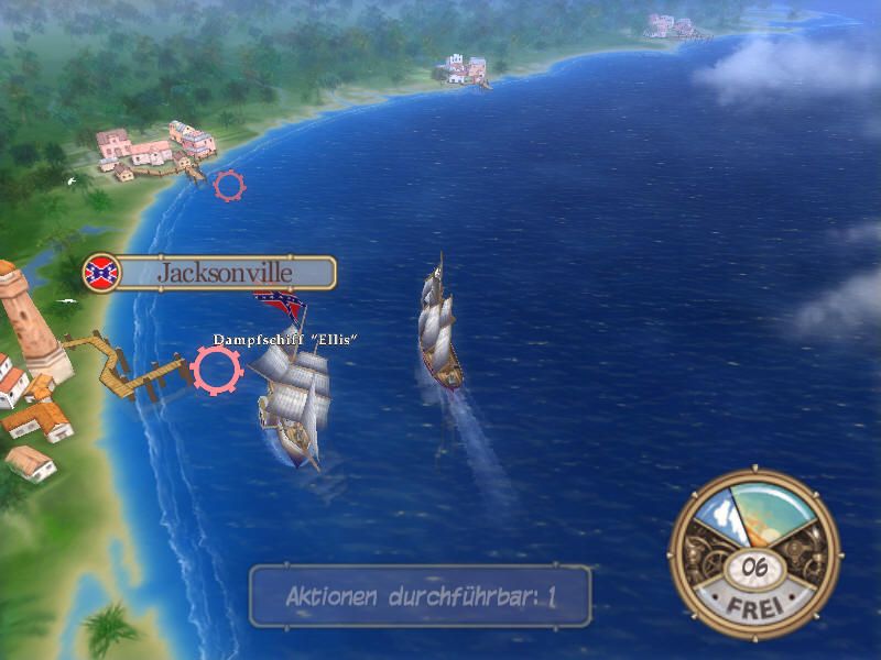 Swashbucklers: Blue vs. Grey (Windows) screenshot: Notice the circle near this Confederate town, this means the Port is blockaded and Abraham has to fight his way through.