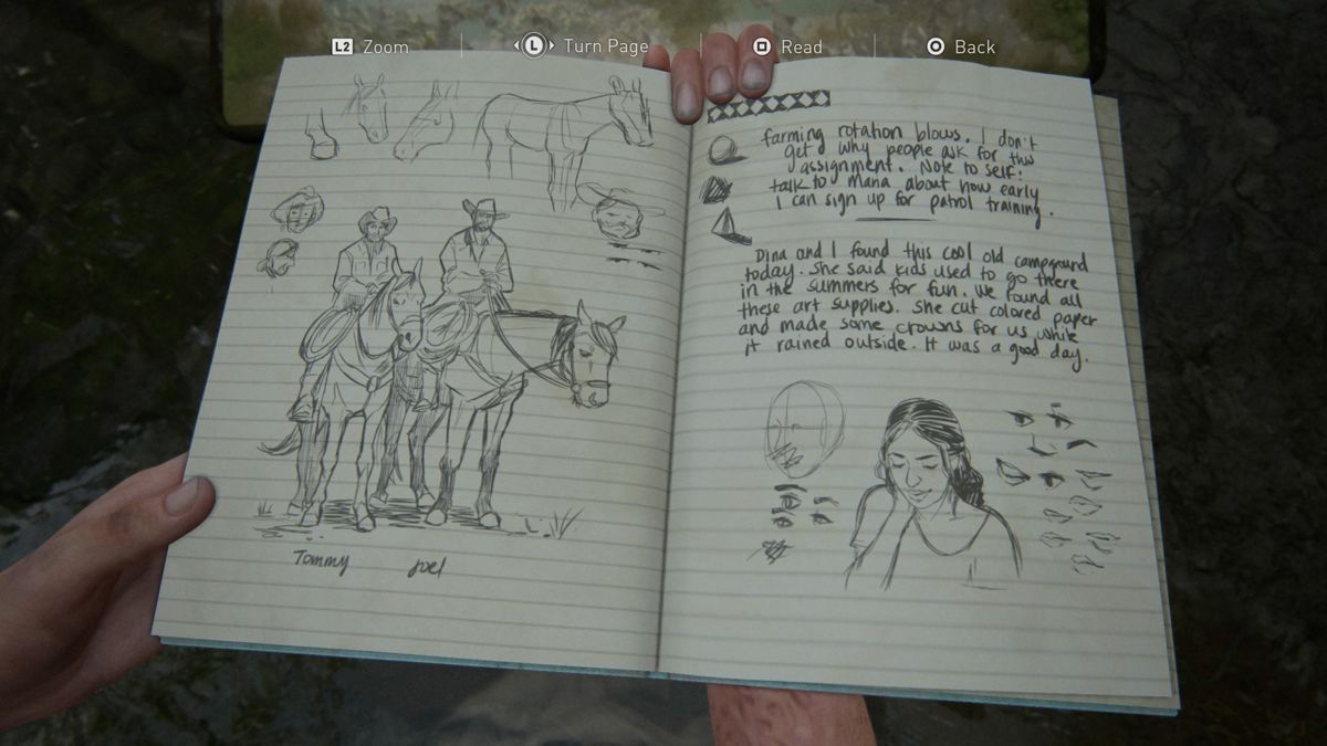 The Last of Us: Part II (PlayStation 4) screenshot: Ellie keeps dotting stuff in her journal all the time