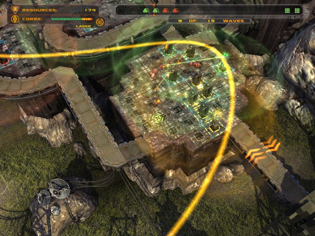 Defense Grid: The Awakening (Windows) screenshot: When the tactical view is on, you can see the range of towers, the path any flying aliens will take, and the entry/exit aliens will use.