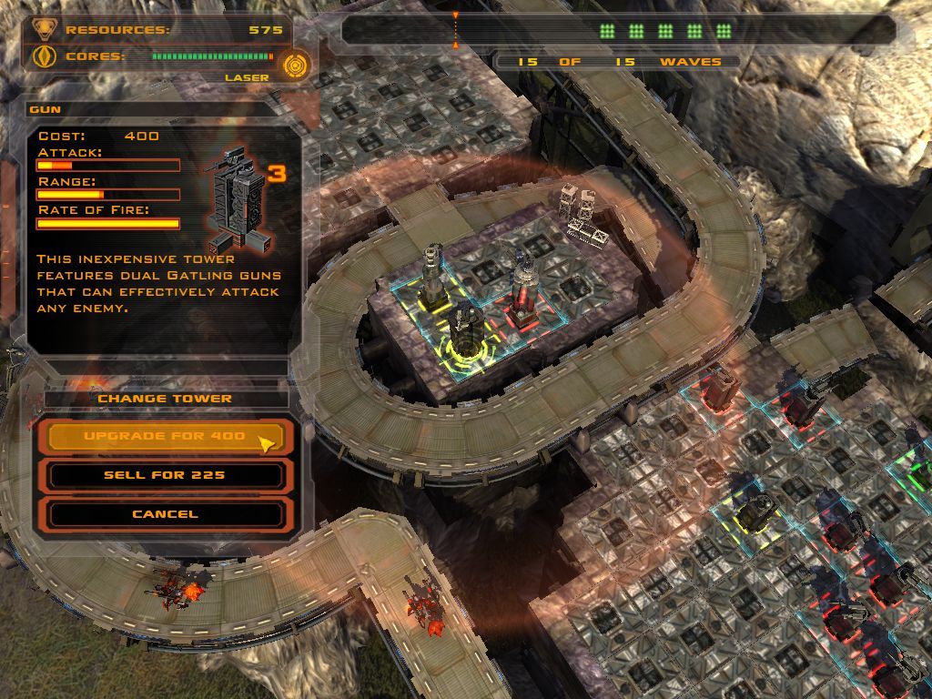 Defense Grid: The Awakening (Windows) screenshot: Clicking a tower allows you to upgrade it, significantly increasing its effectiveness.