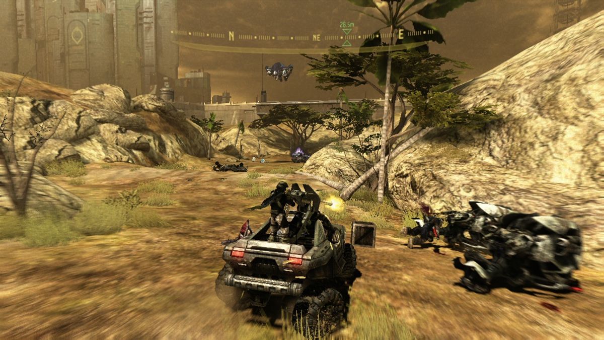 Halo 3: ODST (Xbox 360) screenshot: When you drive a Warthog, your comrades will fire the mounted turret.