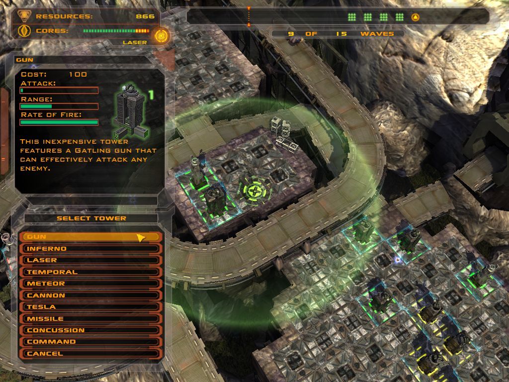 Defense Grid: The Awakening (Windows) screenshot: When clicking a usable tile, a list of towers that can be placed appears, along with statistics on each tower.