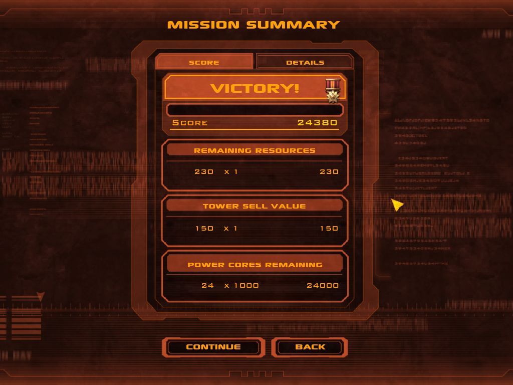 Defense Grid: The Awakening (Windows) screenshot: After completing a mission, the score is shown and the appropriate medal is awarded.