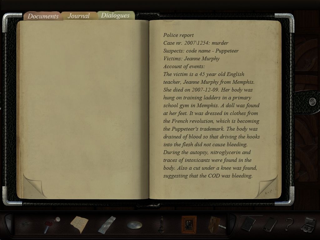 Art of Murder: Hunt for the Puppeteer (Windows) screenshot: Your journal