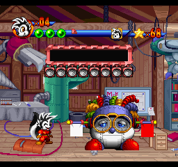 Punky Skunk (PlayStation) screenshot: What a creepy robot... Punky has to follow its instructions to raise or lower the right flags.