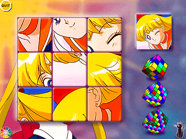 The 3D Adventures of Sailor Moon (Windows) screenshot: In the Magical Puzzle Room, it is necessary to rearrange the square of 9, 16, or 25 tiles to match the picture.