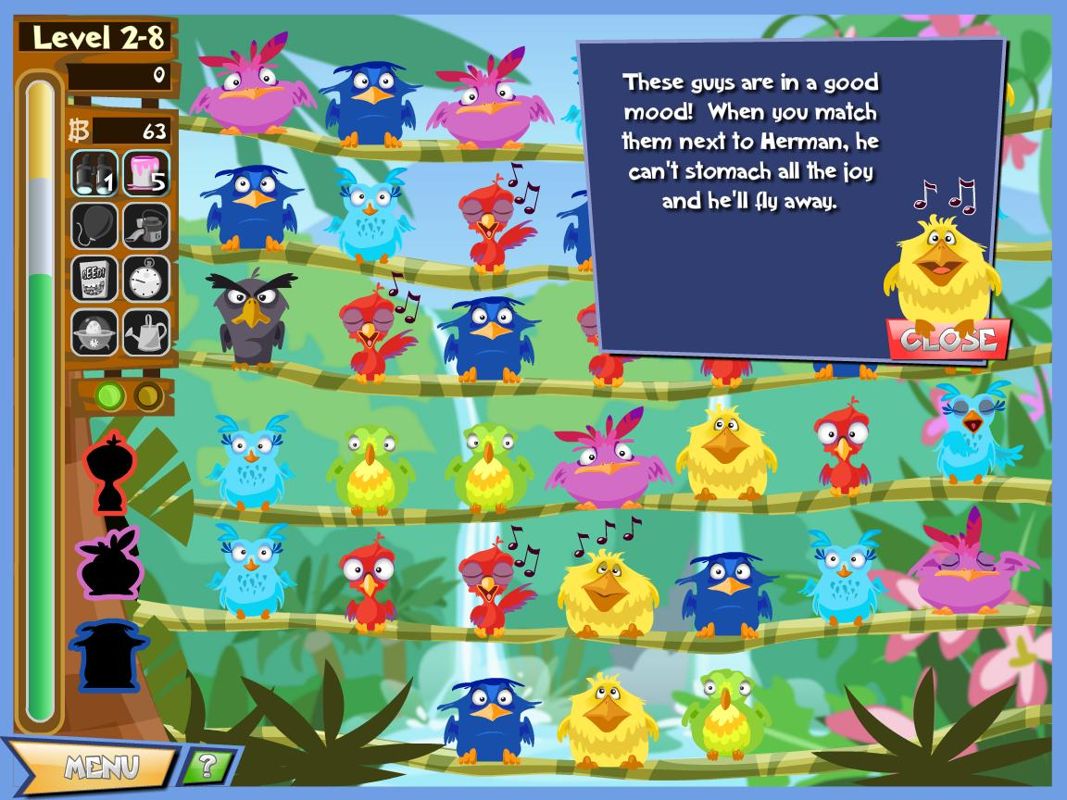 Burdaloo (Windows) screenshot: If you match a group of burds in which one is singing when next to Herman, Herman will leave.