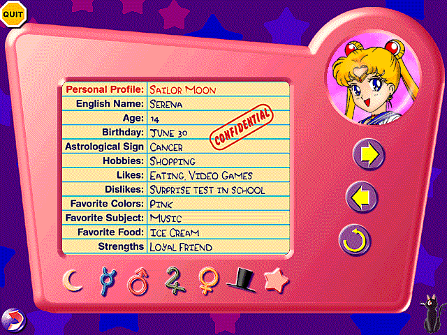 The 3D Adventures of Sailor Moon (Windows) screenshot: Each character's information includes personal details and screenshots from the anime.