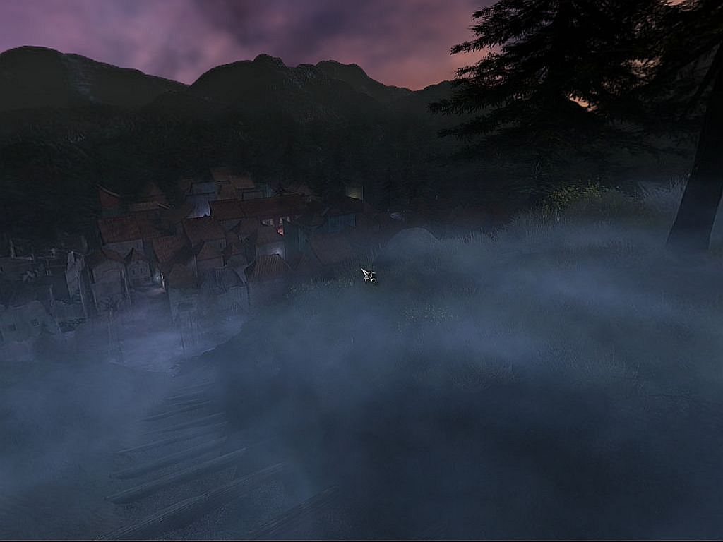 Dracula 3: The Path of the Dragon (Windows) screenshot: Looking down at the village from the cemetery.