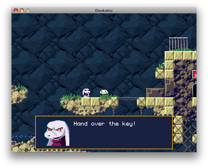 Cave Story (Macintosh) screenshot: A conversation I'm about to interrupt.