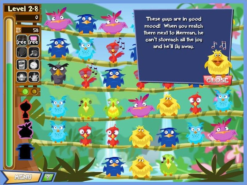 Burdaloo (Browser) screenshot: If you match a group og burds in which one is singing when next to Herman, Herman will leave.