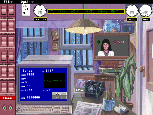 Rags to Riches: The Financial Market Simulation (DOS) screenshot: Your office is where you spend most of the time