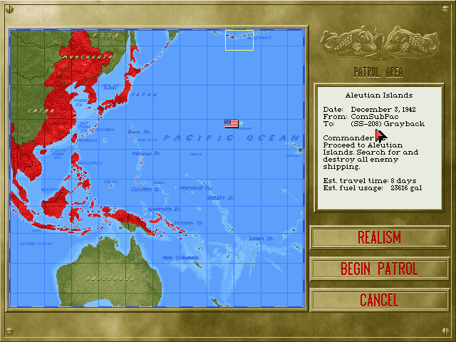 Silent Hunter: Commander's Edition (DOS) screenshot: Aleutian Islands patrol zone