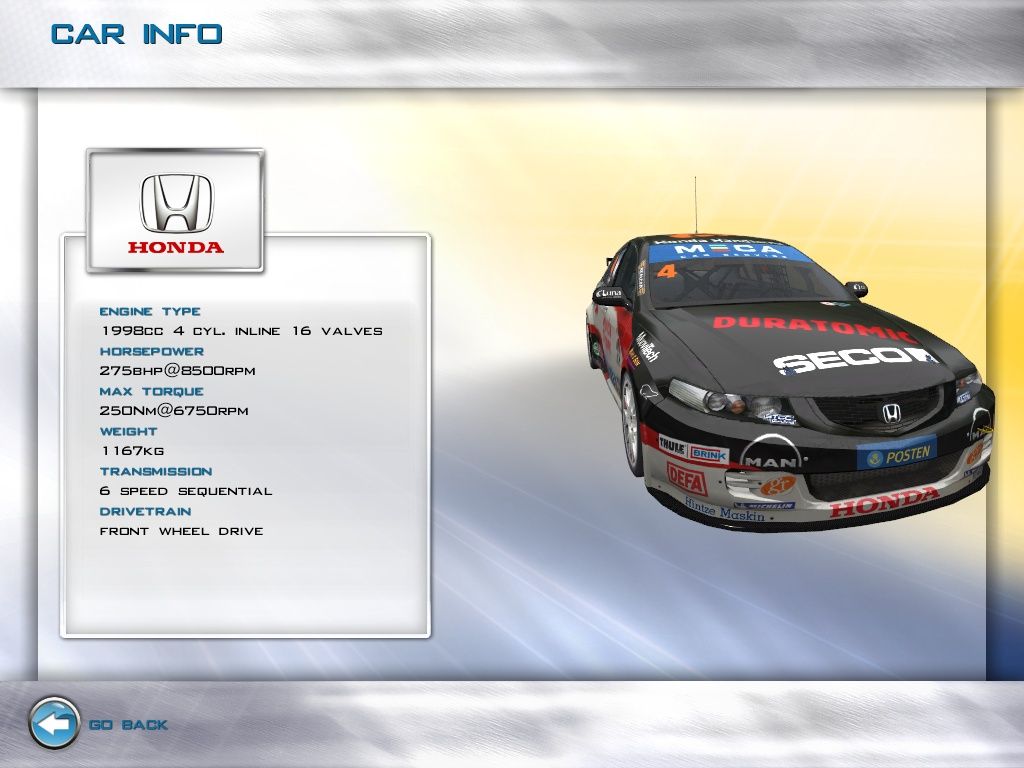 STCC: The Game (Windows) screenshot: Choosing the Honda Accord.