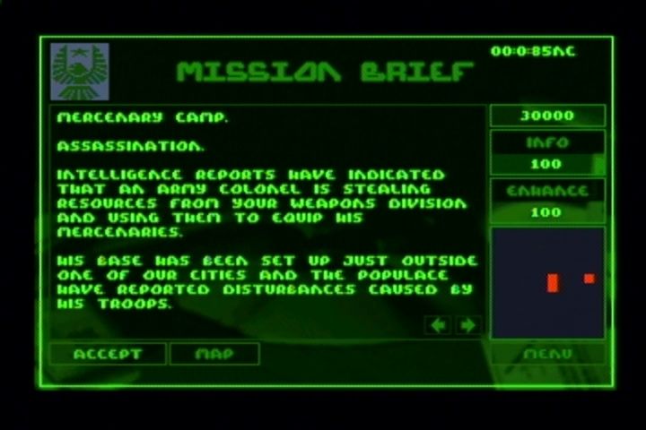 Syndicate (Jaguar) screenshot: Support screens between missions are identical to other versions.
