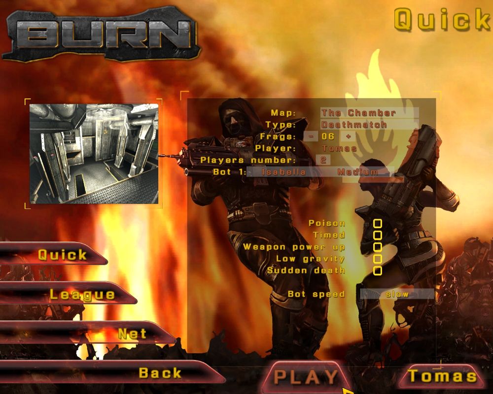 Burn (Windows) screenshot: Setting up a quick death match