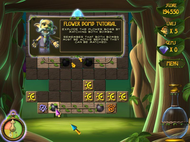 A Fairy Tale (Windows) screenshot: Click both sides of a flower bomb to make it destroy allthe tiles alongthe fuse and flip all the tiles next to the fuse.