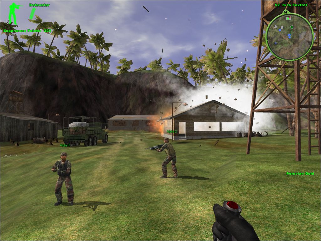 Delta Force: Xtreme (Windows) screenshot: Blowing up a cache of cocaine... let's just hope we're downwind of that cloud.
