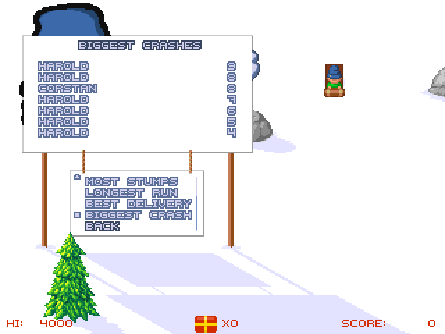 Harold's Hills (Windows) screenshot: The game maintains several interesting highscore types; I excel at crashing with undelivered presents.