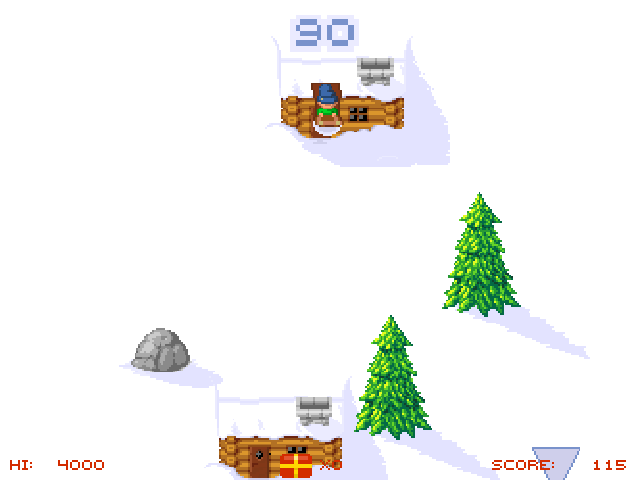 Harold's Hills (Windows) screenshot: Run over the cabins to deliver all accumulated presents.