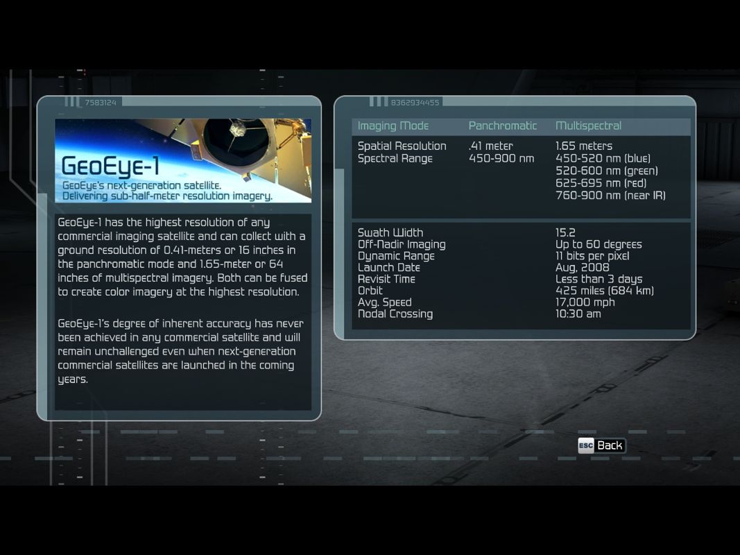 Tom Clancy's H.A.W.X (Windows) screenshot: Information about the satelites used for the ground images.