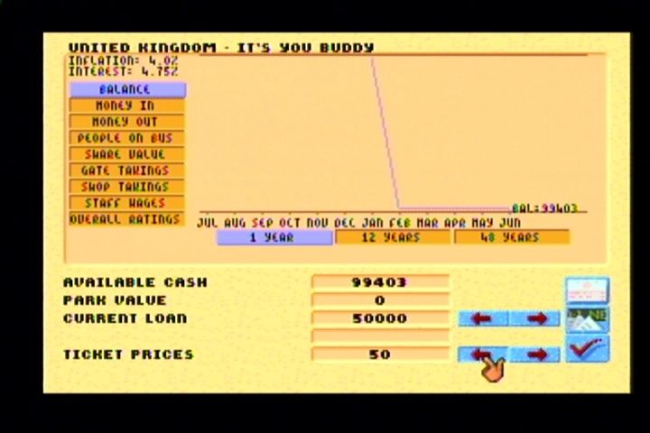 Theme Park (Jaguar) screenshot: Support and info screens are identical to the original.