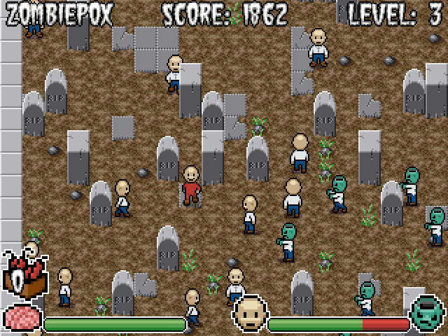 Zombiepox (Windows) screenshot: Things can get out of hand quickly. You're the guy in red.