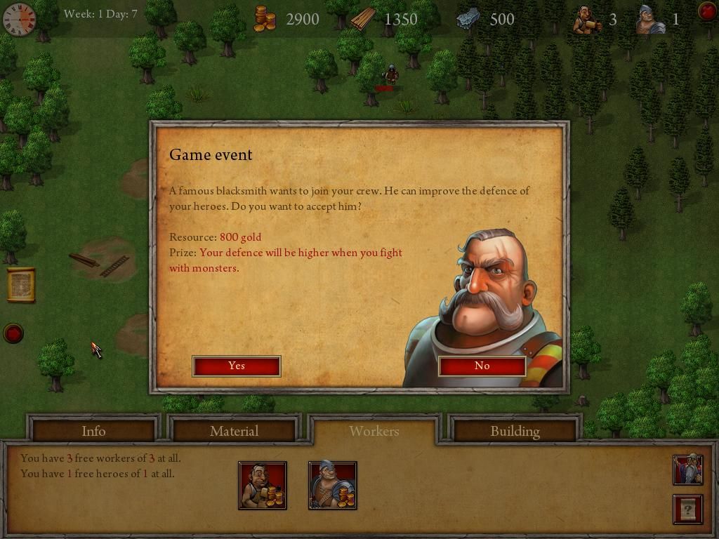 Be a King (Windows) screenshot: Game event. A famous blacksmith wants to join the town. (v1.2