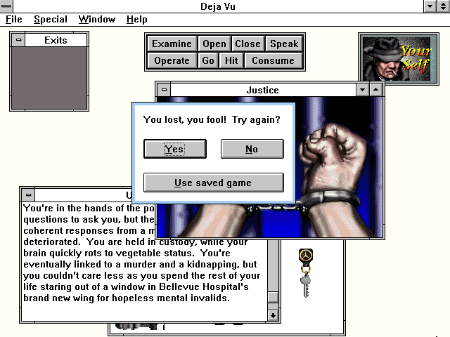 Déjà Vu I & II: The Casebooks of Ace Harding (Windows 3.x) screenshot: Déjà Vu I - Game over