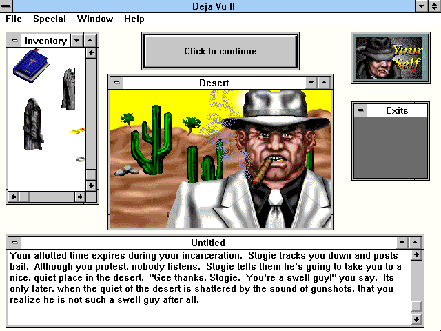 Déjà Vu I & II: The Casebooks of Ace Harding (Windows 3.x) screenshot: Dragged to the desert to be executed.