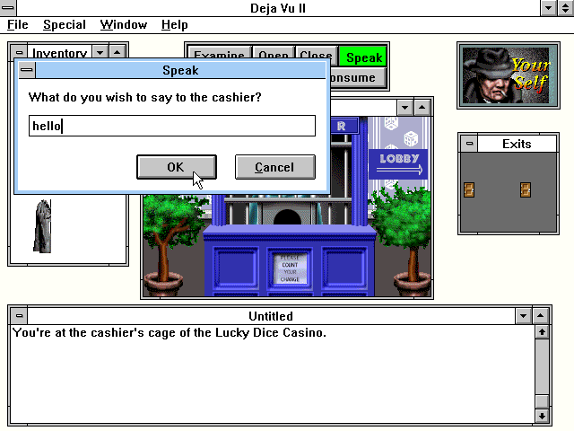 Déjà Vu I & II: The Casebooks of Ace Harding (Windows 3.x) screenshot: Speaking to the cashier