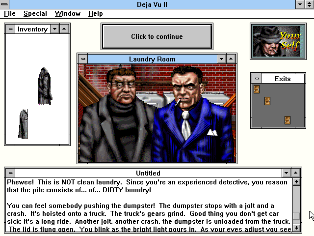 Déjà Vu I & II: The Casebooks of Ace Harding (Windows 3.x) screenshot: Laundry room
