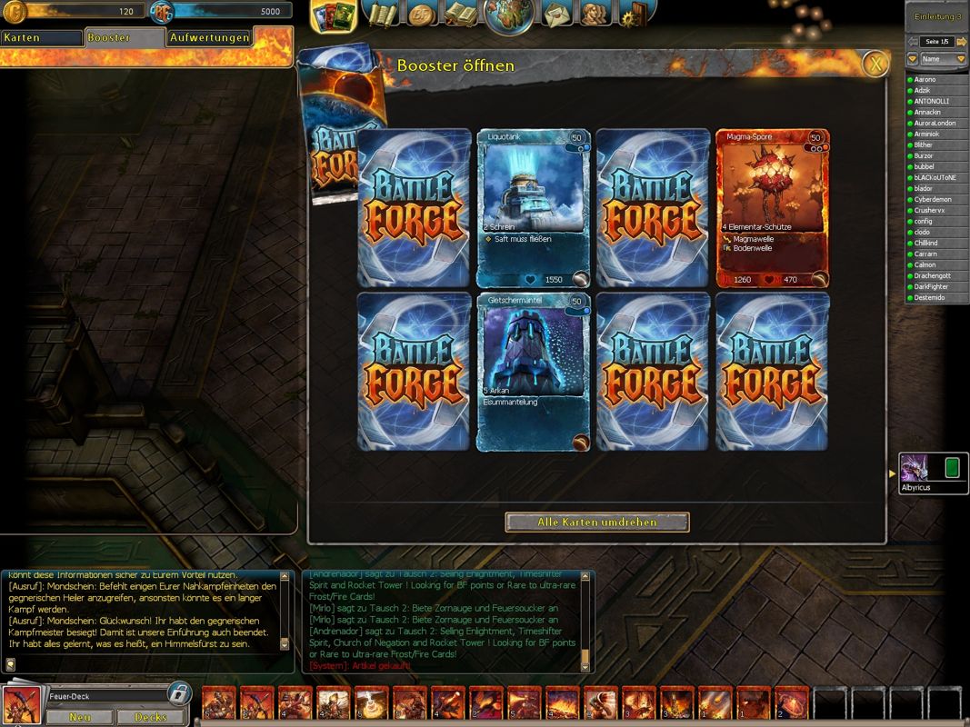 BattleForge (Windows) screenshot: Opening a booster pack I just bought.