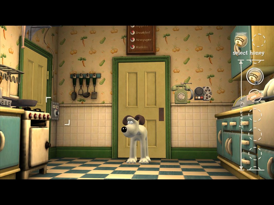 Wallace & Gromit in Fright of the Bumblebees (Windows) screenshot: Gromit in the kitchen.