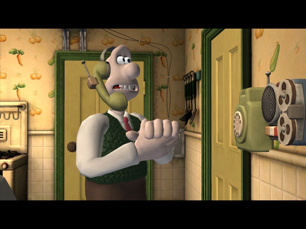 Wallace & Gromit in Fright of the Bumblebees (Windows) screenshot: Wallace tries to calm the angry townspeople.