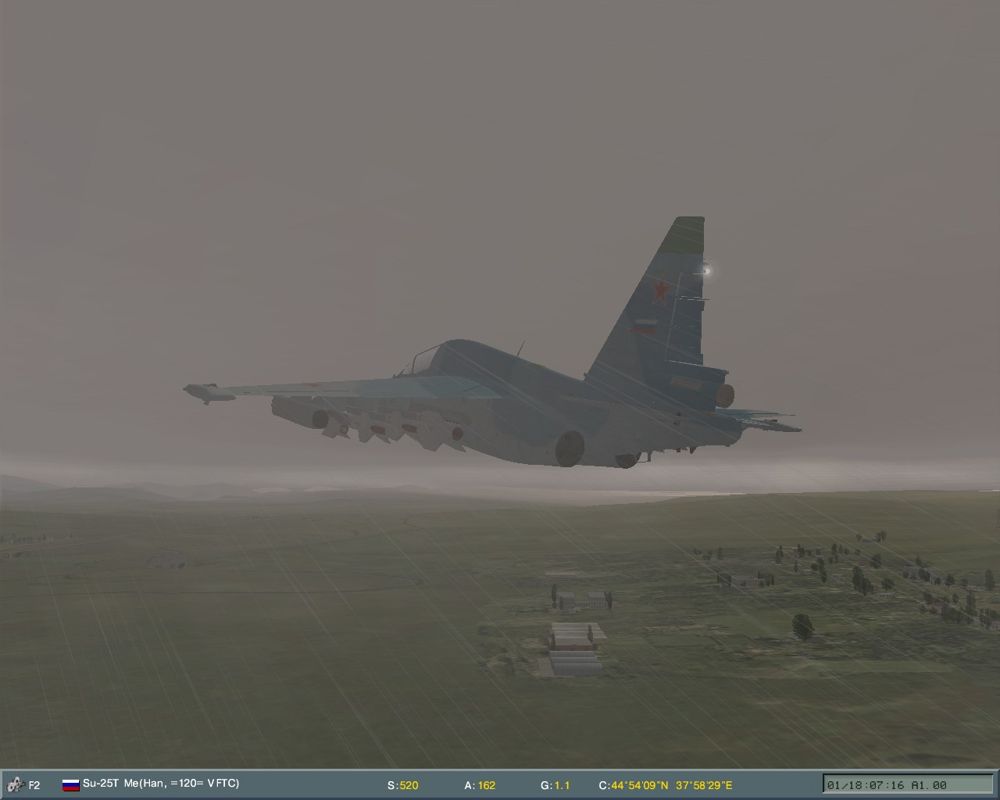 Lock-on: Flaming Cliffs (Windows) screenshot: Flying under the rain. low visibility